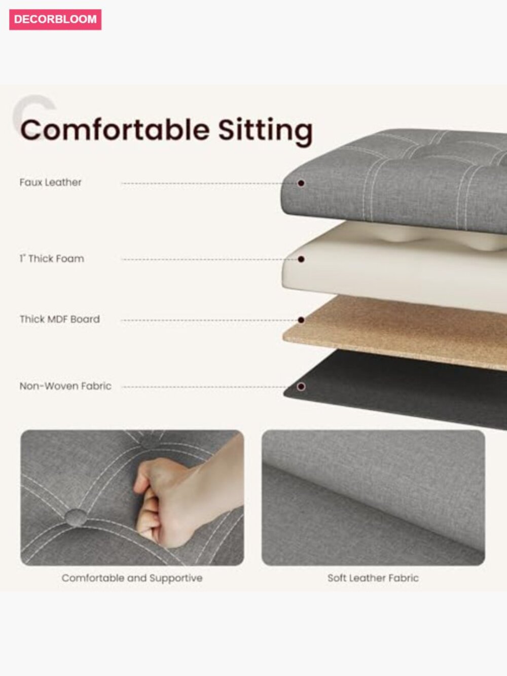 15" Storage Ottoman Cube, Foldable Storage Box with Padded Seat, 300lb Capacity - Picture 6 of 7